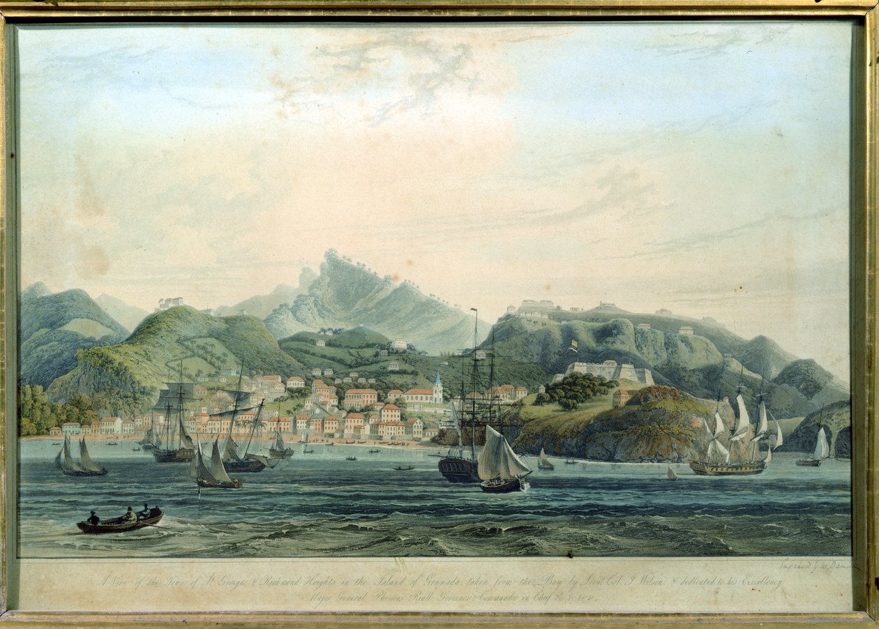 Grenada adasındaki St. George ve Richmond Heights kasabasının bir görünümü, William Daniell tarafından oyulmuş 1769-1837, c.1810 gravür by Lieutenant Colonel J. Wilson