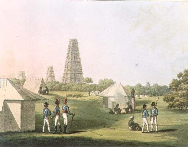 Kraliyet Topçu Kampı'ndan bir görünüm, Conjeveram, 'Mysore Krallığında Pitoresk Manzara'dan plaka 36, H. Merke (fl.1800-20) pub tarafından oyulmuş. Edward Orme (1774-c.1820) 1805 (aquatint) tarafından by Lieutenant James (after) Hunter