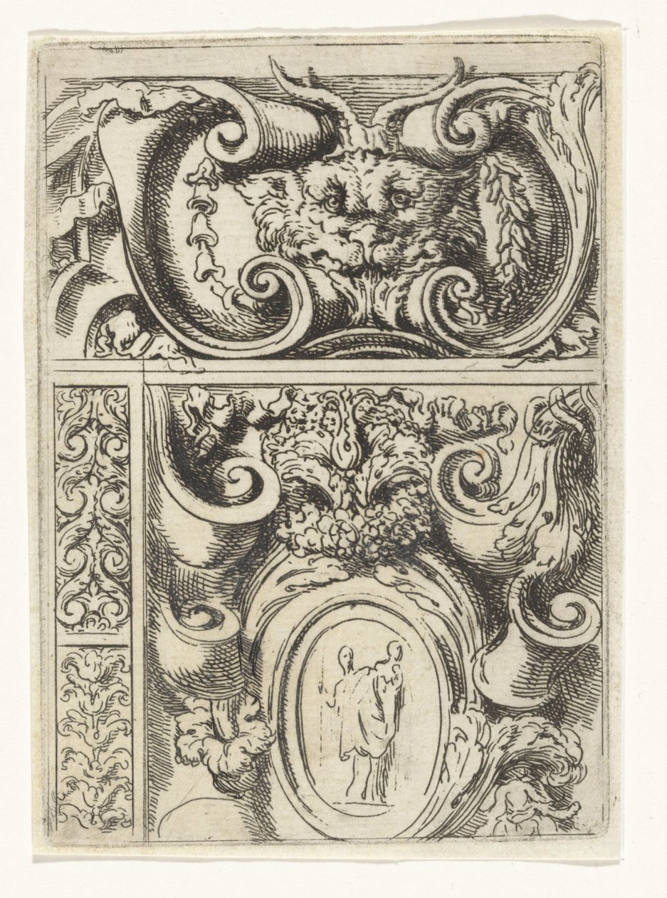 Hayvan başlı kartuş ve altında çocuklu Madonna ile kartuş Divertimenti di Livio Meus (dizi adı) by Lieven Mehus