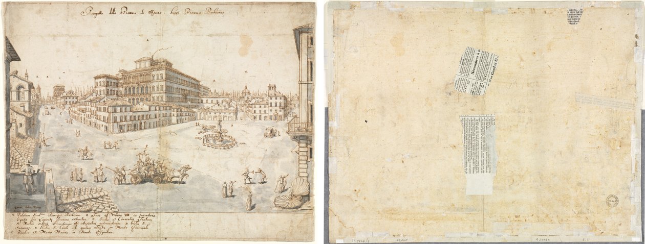 Onsekiz Roma Manzarası: Piazza Barberini (recto); Bir Çeşmenin Recto'dan İzlenmesi ve İki Yüz Eskizleri (ters) by Lievin Cruyl