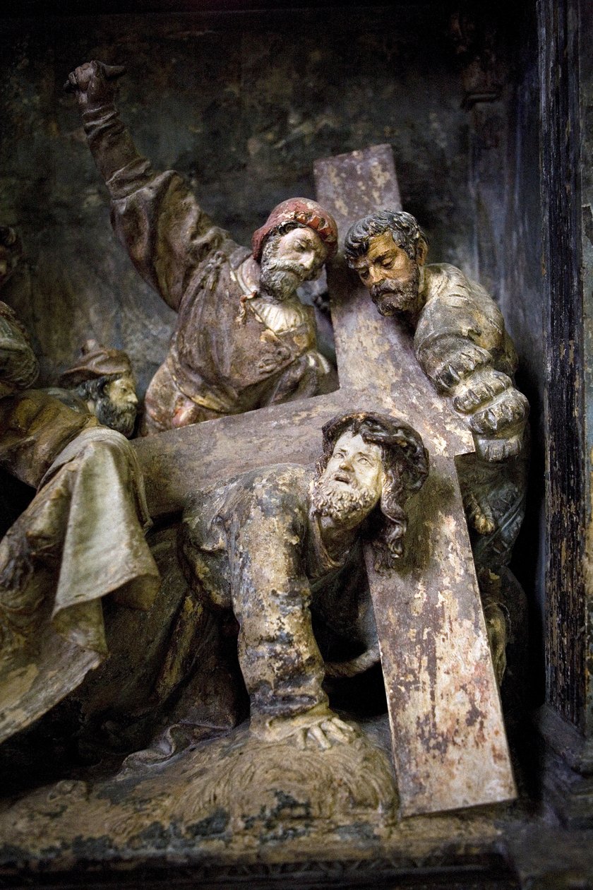 Sunak parçası, sol pano, detay, Haçın Taşınması, st. Veronica (boyalı taş) by Ligier Richier