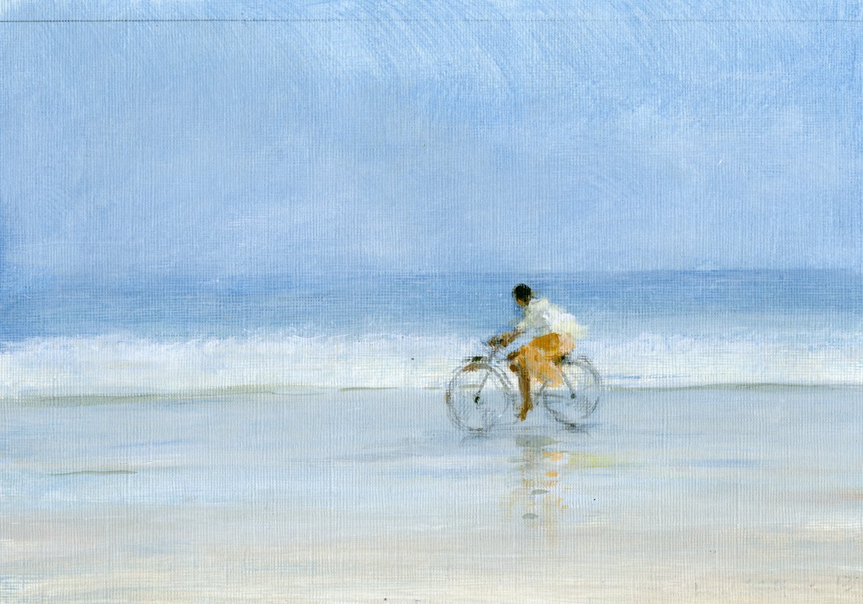 Boy on Bicycle (kağıt üzerinde akrilik) by Lincoln Seligman
