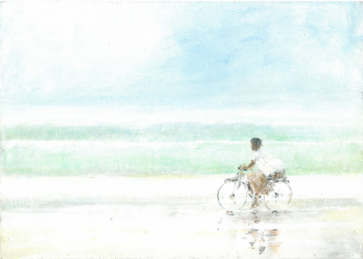 Boy on Bicycle (kağıt üzerinde akrilik) by Lincoln Seligman