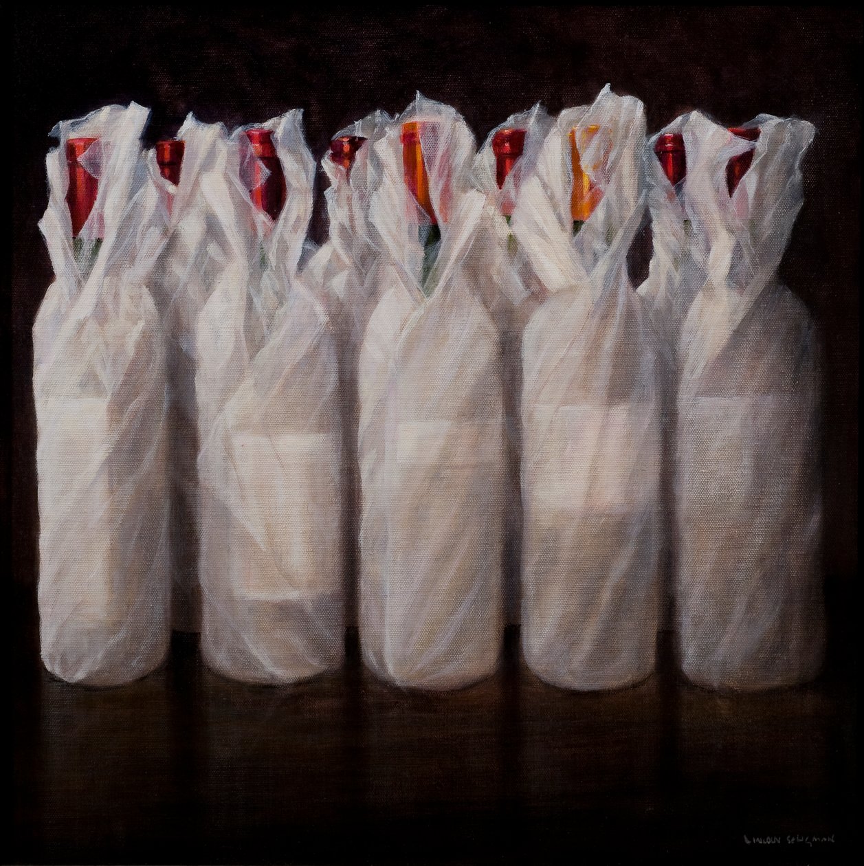 Sarılmış Şarap Şişeleri, 2010 (tuval üzerine akrilik) by Lincoln Seligman