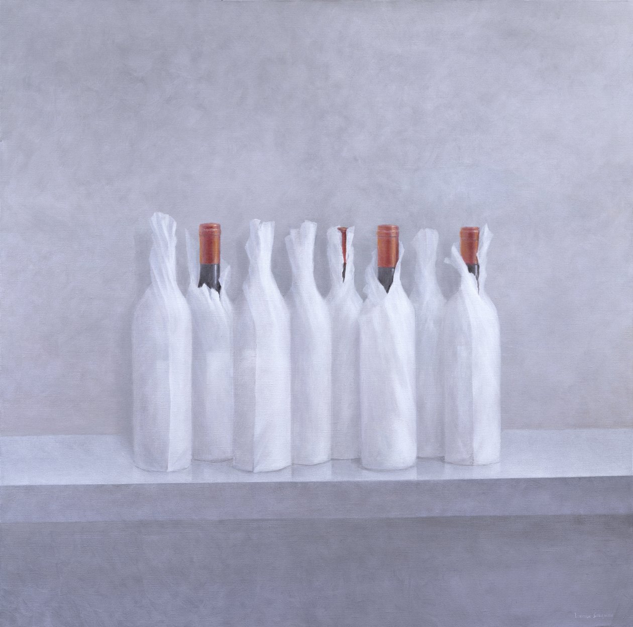Gri üzerine sarılmış şişeler, 2005 (tuval üzerine akrilik) by Lincoln Seligman