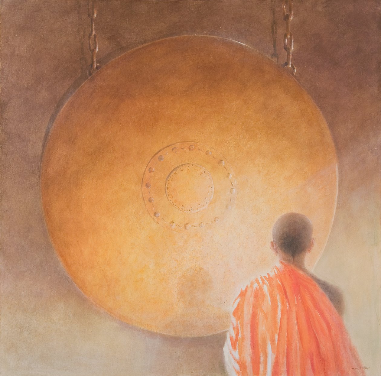 Genç Budist Keşiş ve Gong, Bhutan, 2010 (tuval üzerine akrilik) by Lincoln Seligman