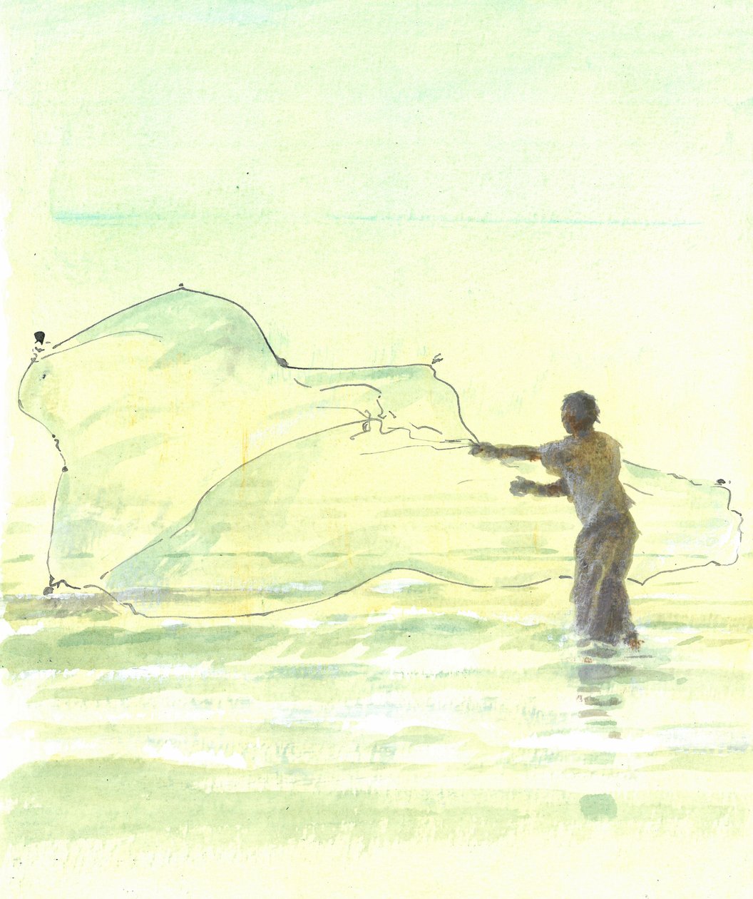 Lone Fisherman 2, 2015 (kağıt üzerinde wc ile kalem ve mürekkep) by Lincoln Seligman