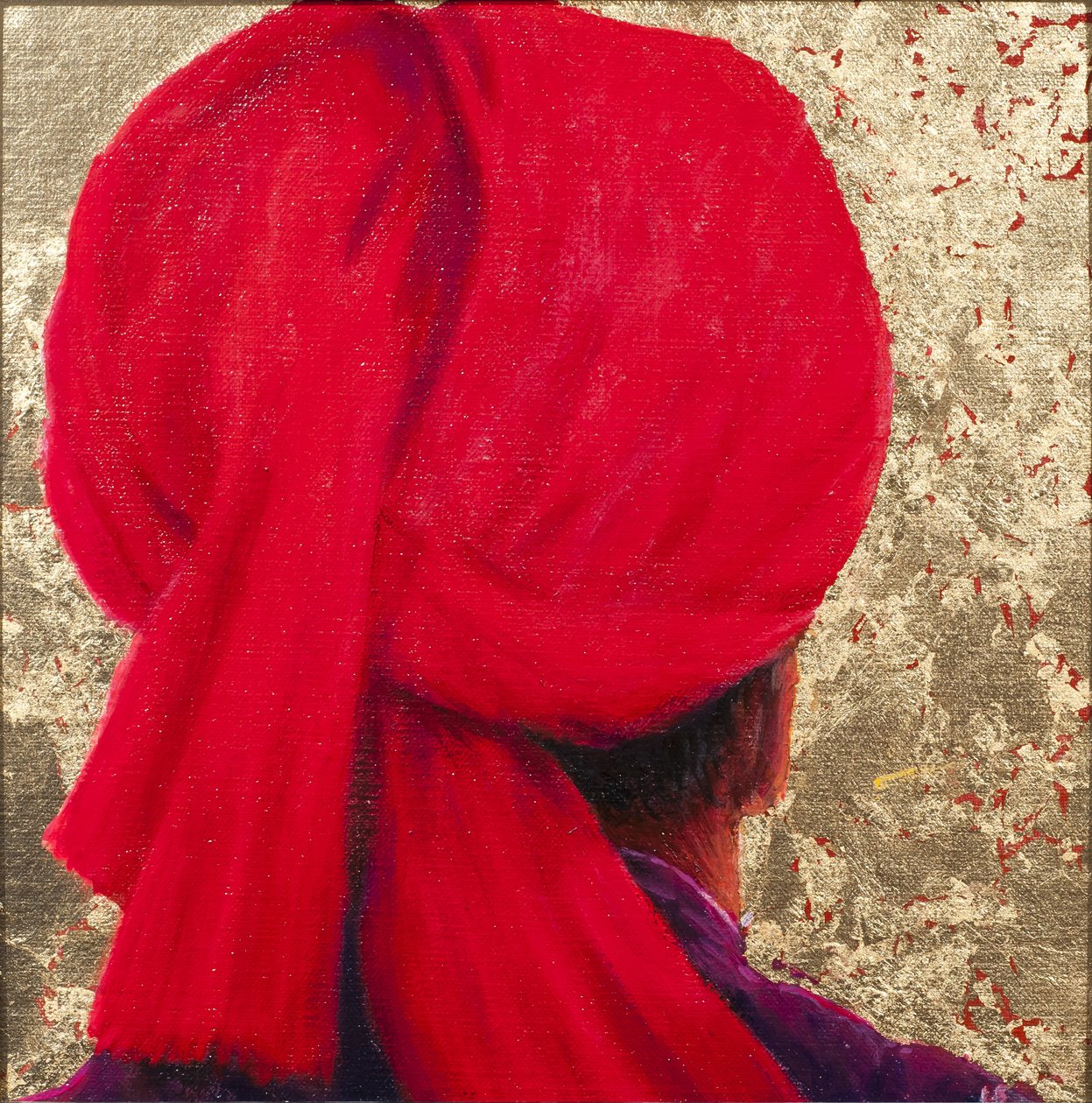 Altın Yaprak Üzerine Kırmızı Sarık, 2014 (altın varaklı tuval üzerine yağlı boya) by Lincoln Seligman