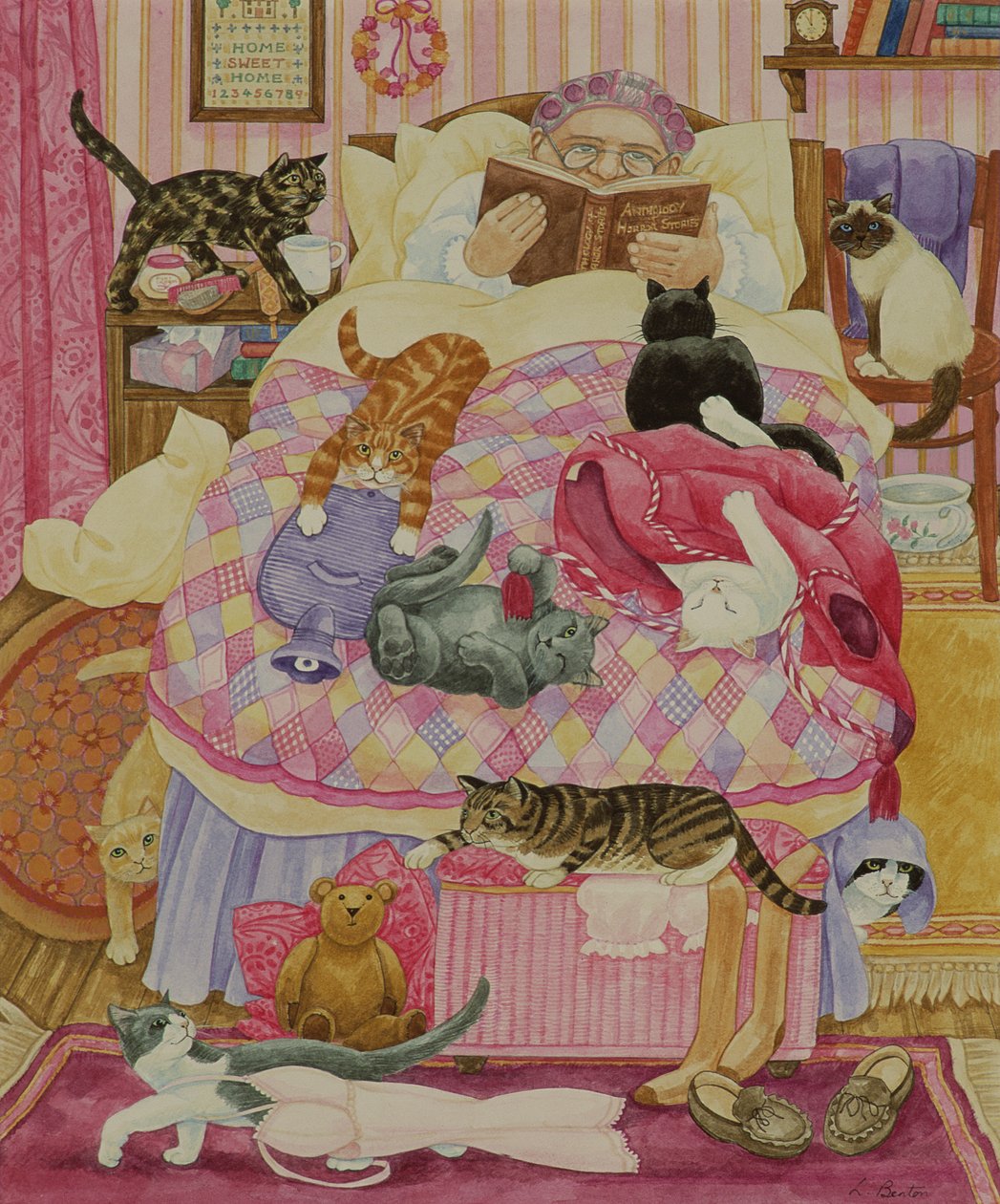 Yatak odasında anneanne ve 10 kedi (kağıt üzerinde wc) by Linda Benton