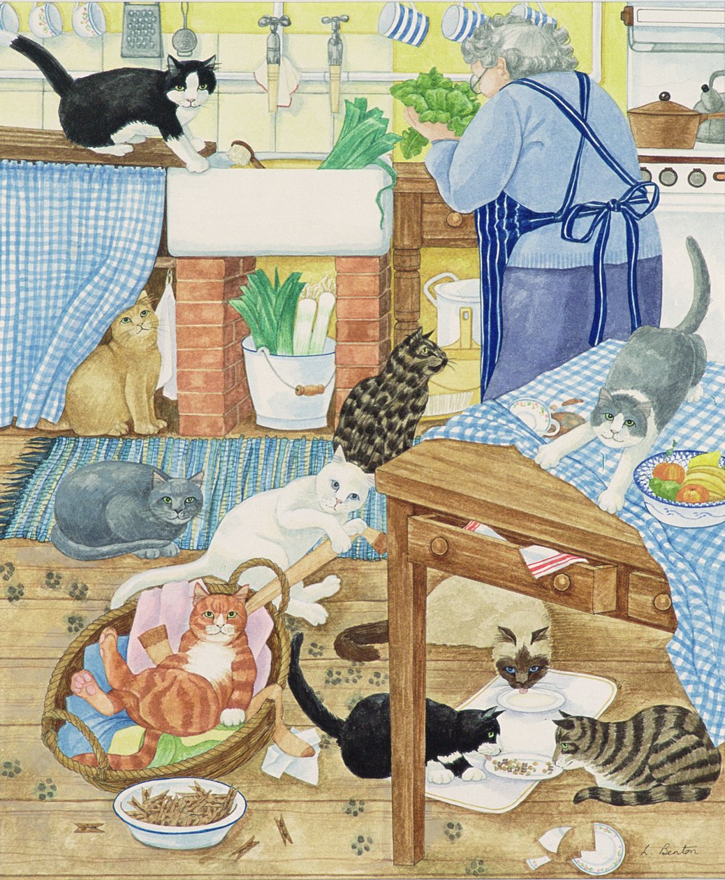 Mutfakta anneanne ve 10 kedi (kağıt üzerinde wc) by Linda Benton