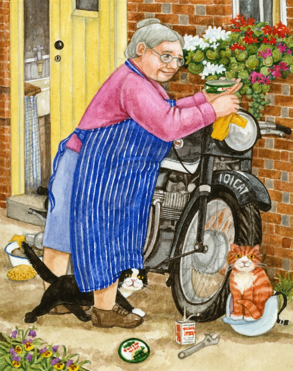 Anneanne ve 2 kedi ve motorsiklet (kağıt üzerinde wc) by Linda Benton