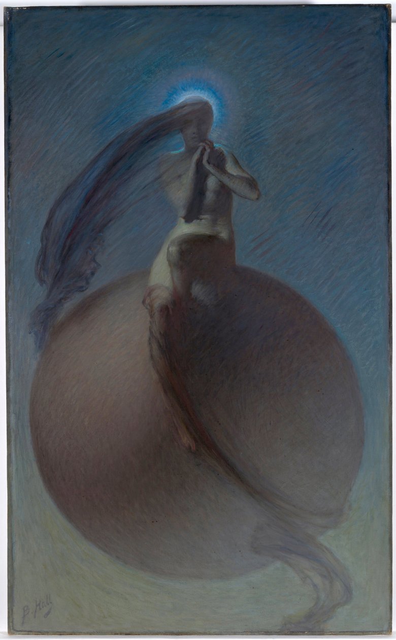 ""La quete" (Görev) Rüya gibi temsili, bir küre üzerine yerleştirilmiş kadın silueti - Lindsay Bernard Hall (1859-1935) tarafından 1905 dolaylarında - Tuval üzerine yağlı boya Soluk 154x94,5 cm Avustralya Ulusal Galerisi, Canberra by Lindsay Bernard Hall