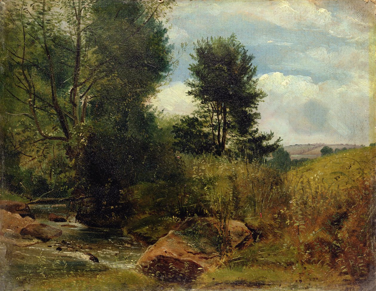 Sidmouth yakınlarındaki Sid Nehri manzarası, c.1852 (gemide kağıt üzerine yağlı boya) by Lionel Constable