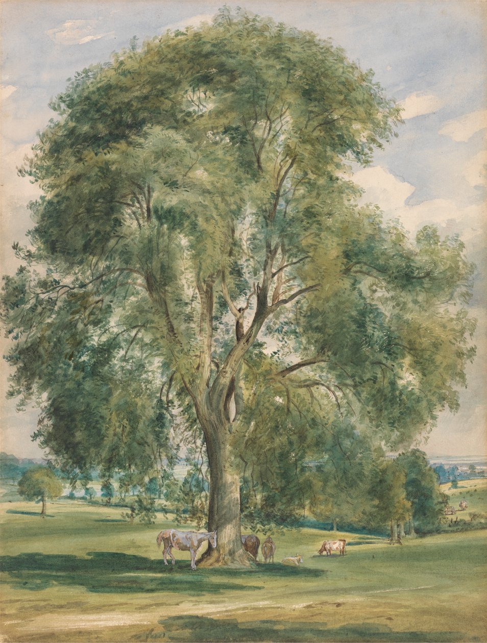 Bir Yaz Manzarasında Büyük Bir Ağaç, Tabanda Duran Bir At by Lionel Constable