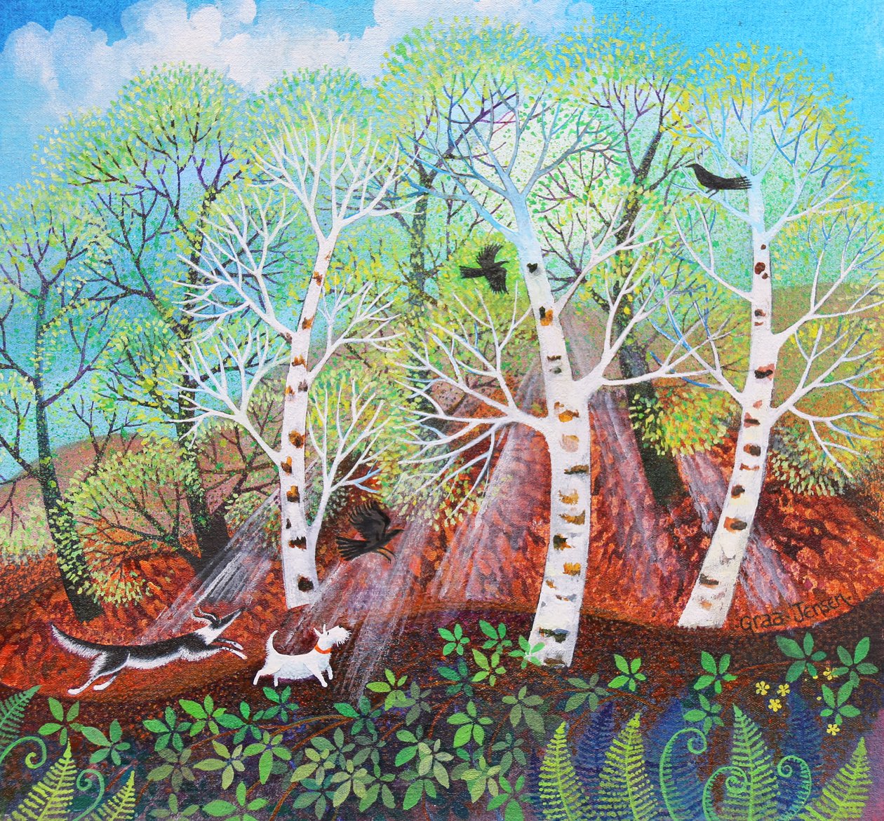 Chasing Crows on the Common, 2021 (tuval üzerine akrilik) by Lisa Graa Jensen