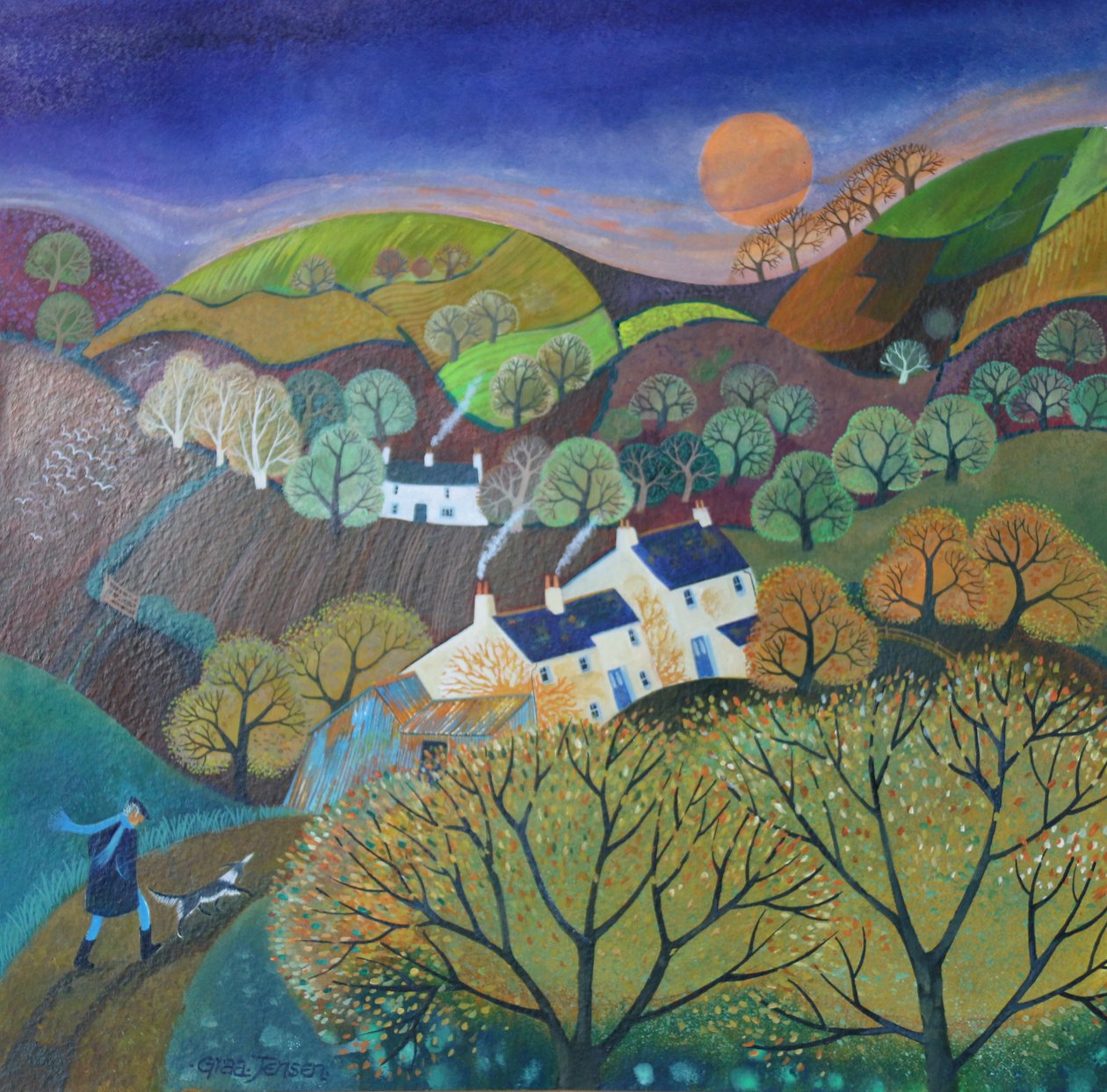 Evening Dog Walk,2016,(kağıt üzerine akrilik mürekkepler) by Lisa Graa Jensen