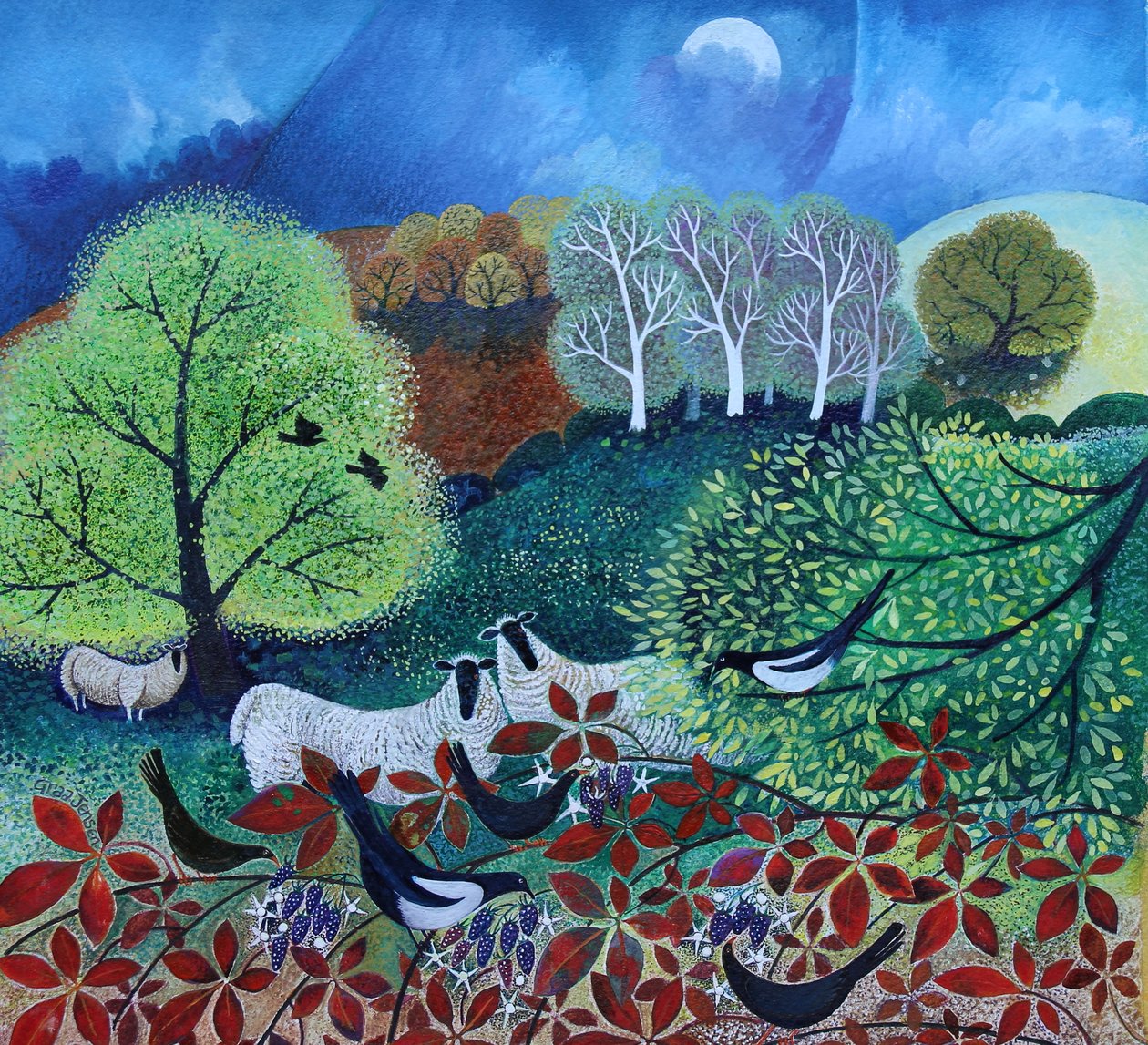 Fruit Peckers, 2021 (kağıt üzerinde akrilik) by Lisa Graa Jensen