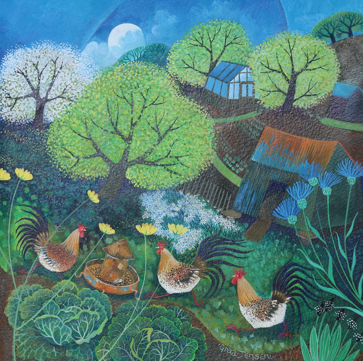 Mutlu tavuklar, 2016, (kağıt üzerine akrilik mürekkepler) by Lisa Graa Jensen