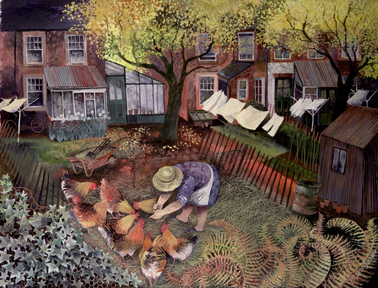 Town Hens, 1995 (akrilik mürekkep, guaj) by Lisa Graa Jensen