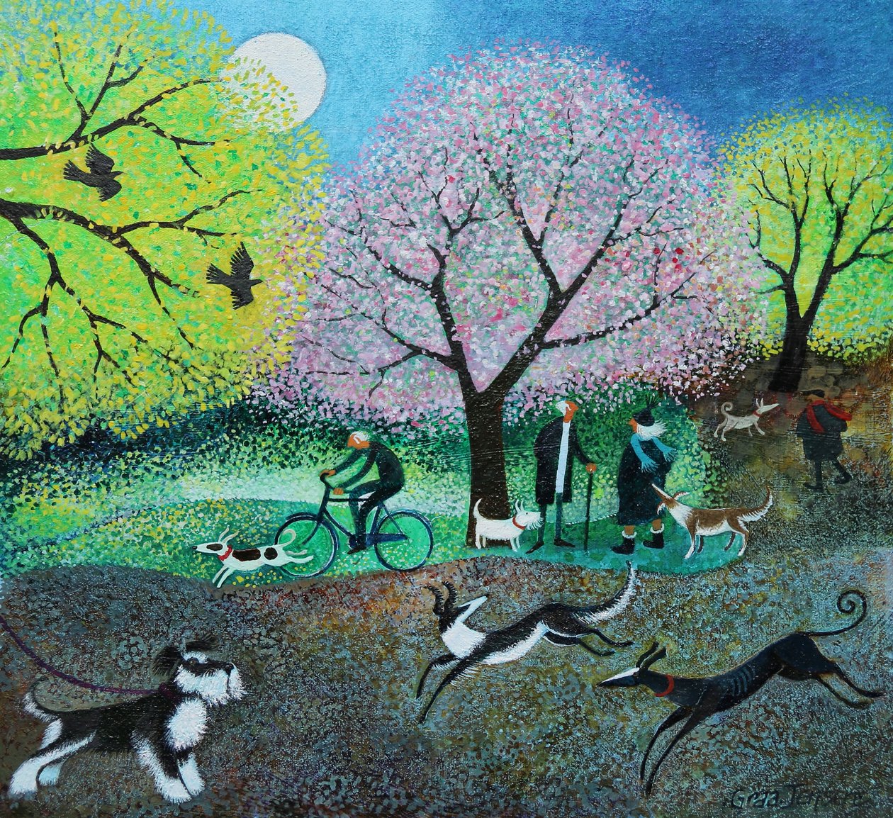 Wellie Road Dog Walkers, 2021 (keten üzerine akrilik) by Lisa Graa Jensen