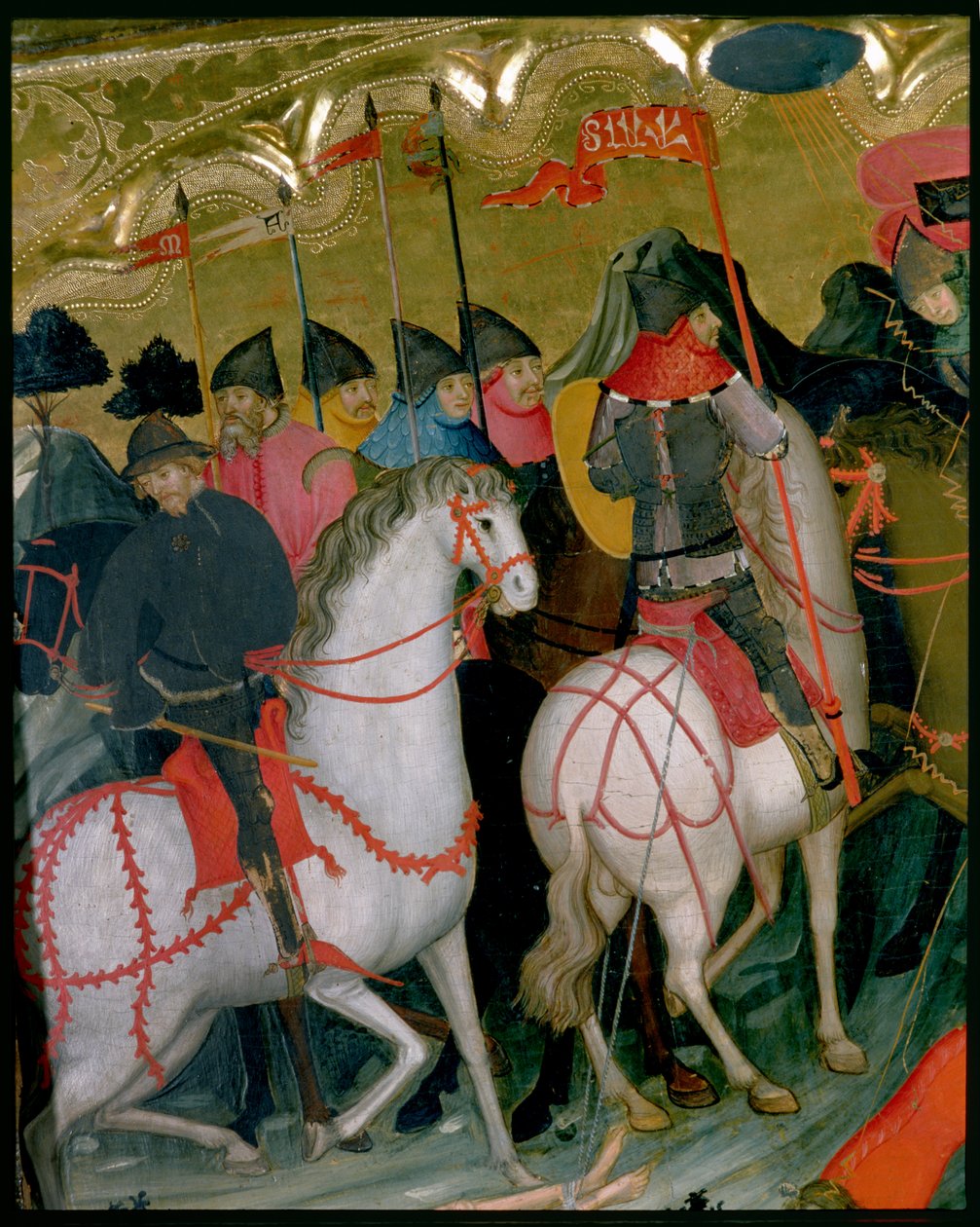 Atlı askerler, Bakire ve Aziz George'un mihrabından detay, c.1390-1400 (panelde mizaç) by Lluís Borrassà