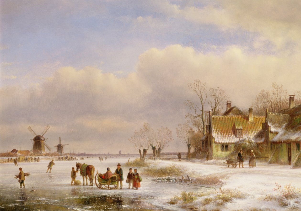 Uzakta Yel Değirmenleri ile Kar Manzarası, 19. yüzyıl by Lodewijk Johannes Kleyn