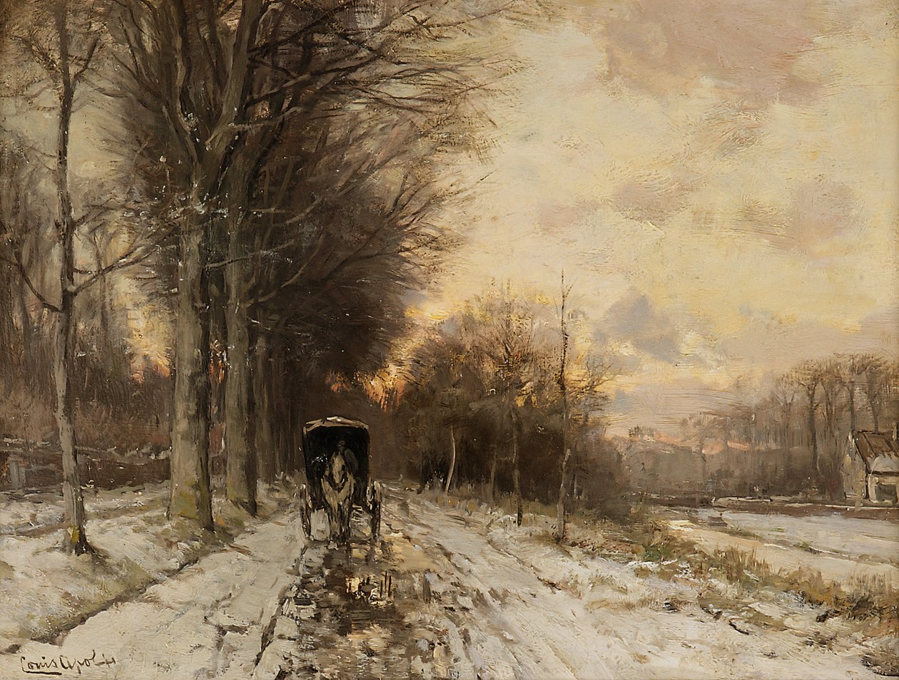 Karlı yolda bir at arabası (panel üzerine yağlıboya) by Lodewijk Frederik Hendrik (1850-1936) Apol