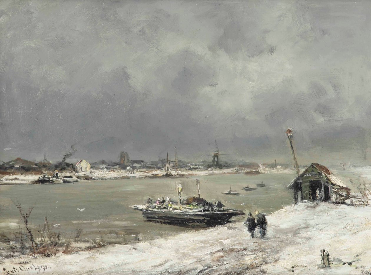 Kışın Wijk bij Duurstede yakınlarında bir feribot geçişi by Lodewijk Frederik Hendrik Apol