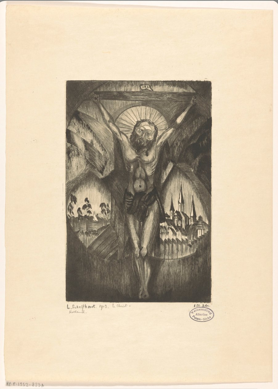 İsa çarmıhta Le Christ I (nesne üzerindeki orijinal başlık) by Lodewijk Schelfhout (signed by artist)