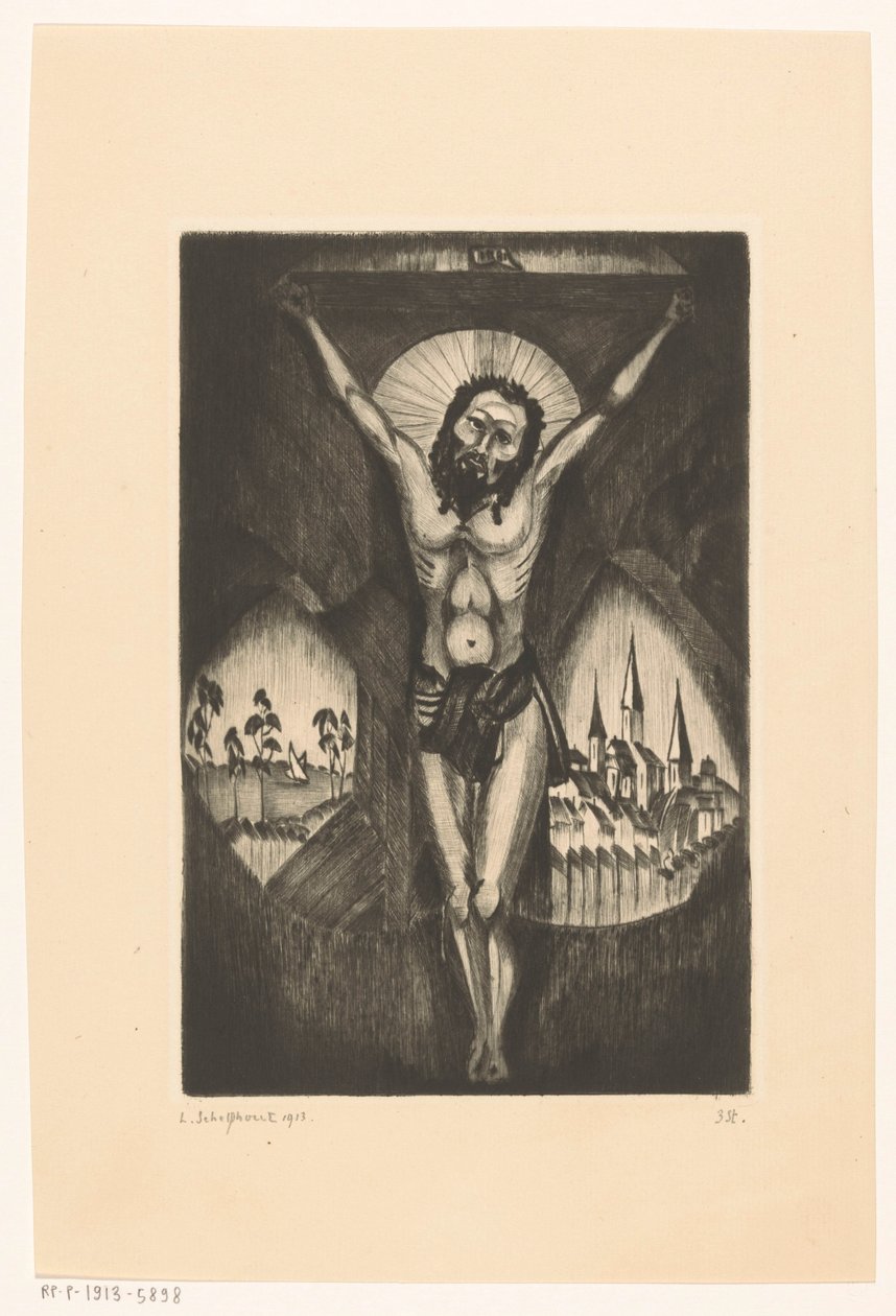 İsa çarmıhta Le Christ I (nesne üzerindeki orijinal başlık) by Lodewijk Schelfhout (signed by artist)