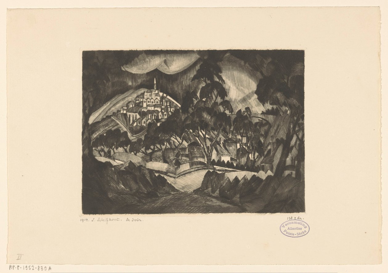 Ağaçlar ve binalar ile tepelik manzara Le Soir (nesne üzerindeki orijinal başlık) by Lodewijk Schelfhout (signed by artist)