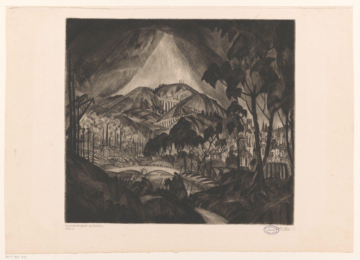 Sanayi ile tepelik manzara Evrim (nesne üzerindeki orijinal başlık) by Lodewijk Schelfhout (signed by artist)