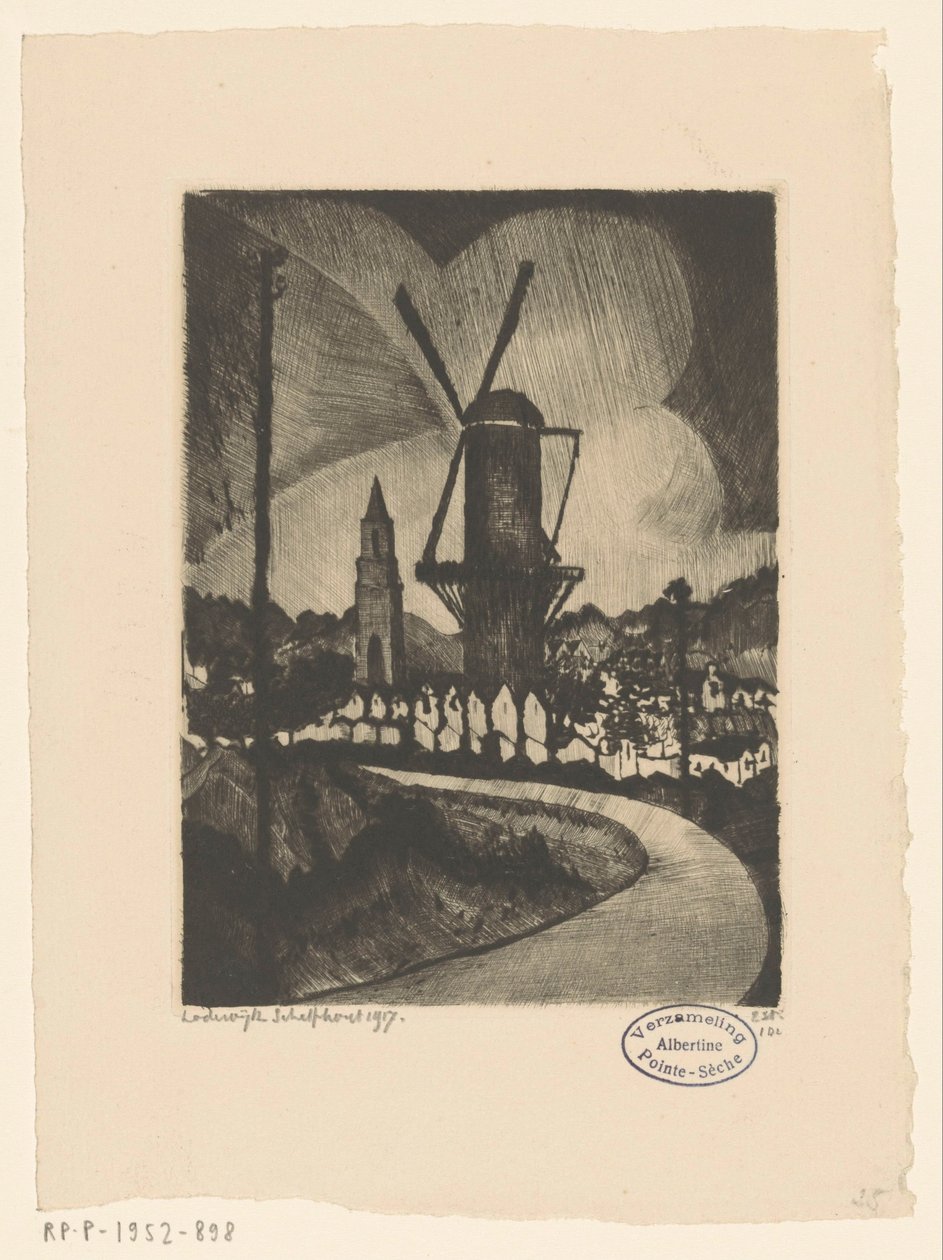 Değirmen ile tepelik manzara Le Moulin (orijinal başlık) by Lodewijk Schelfhout (signed by artist)