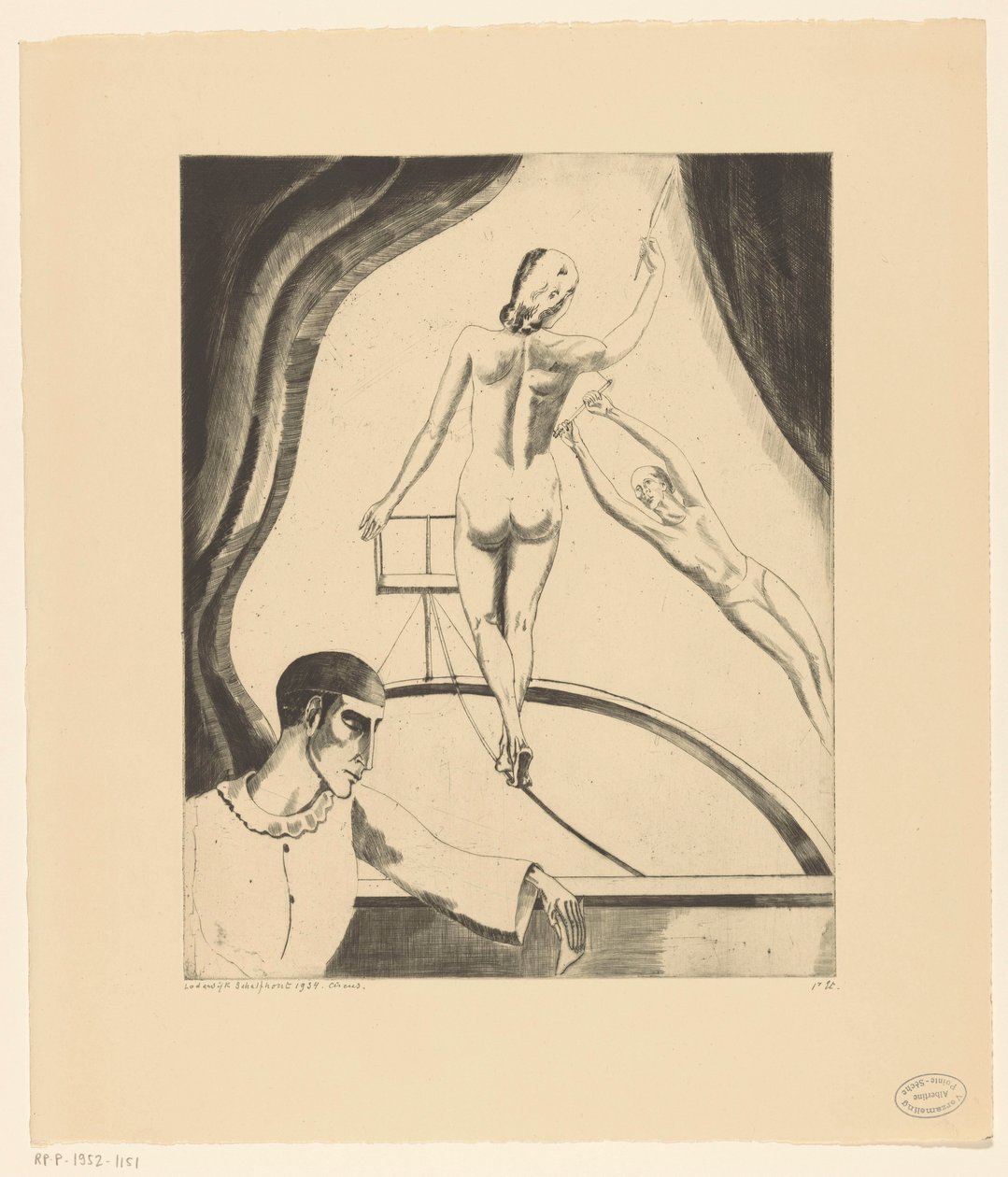 İp dansçısı, trapez sanatçısı ve pierrot Le Cirque I (orijinal başlık) by Lodewijk Schelfhout (signed by artist)