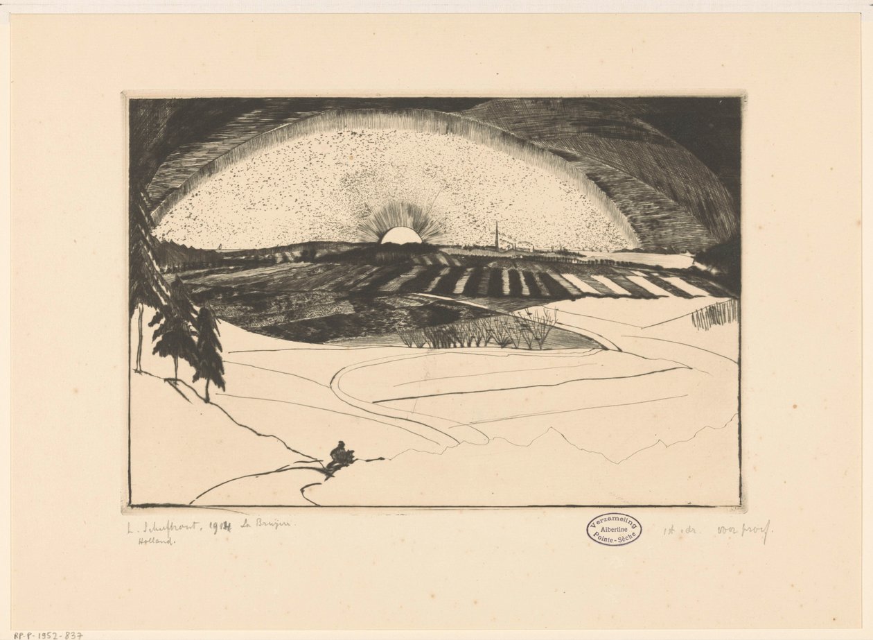 Tepelik bir manzara üzerinde yükselen veya batan güneş La Bruyère (nesne üzerindeki orijinal başlık) by Lodewijk Schelfhout (signed by artist)