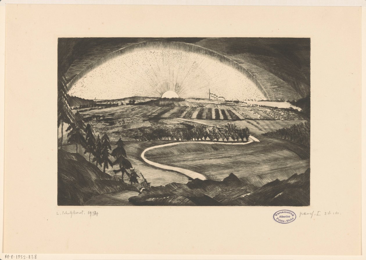 Tepelik bir manzara üzerinde yükselen veya batan güneş La Bruyere (nesne üzerindeki orijinal başlık) by Lodewijk Schelfhout (signed by artist)