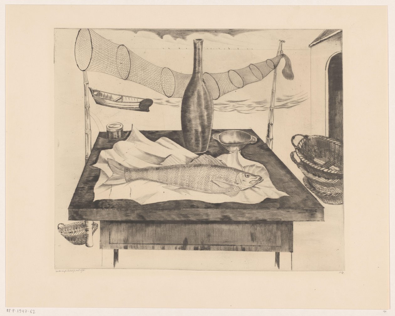 Balık, şişe ve balık ağı ile natürmort Après la pêche (orijinal başlık) by Lodewijk Schelfhout (signed by artist)