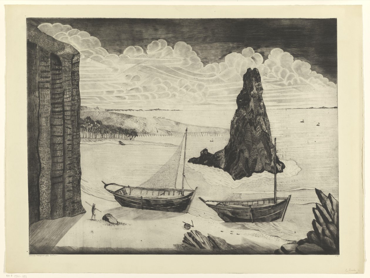 Bir sahilde demirlemiş iki gemi Le Rocher (orijinal başlık) by Lodewijk Schelfhout (signed by artist)