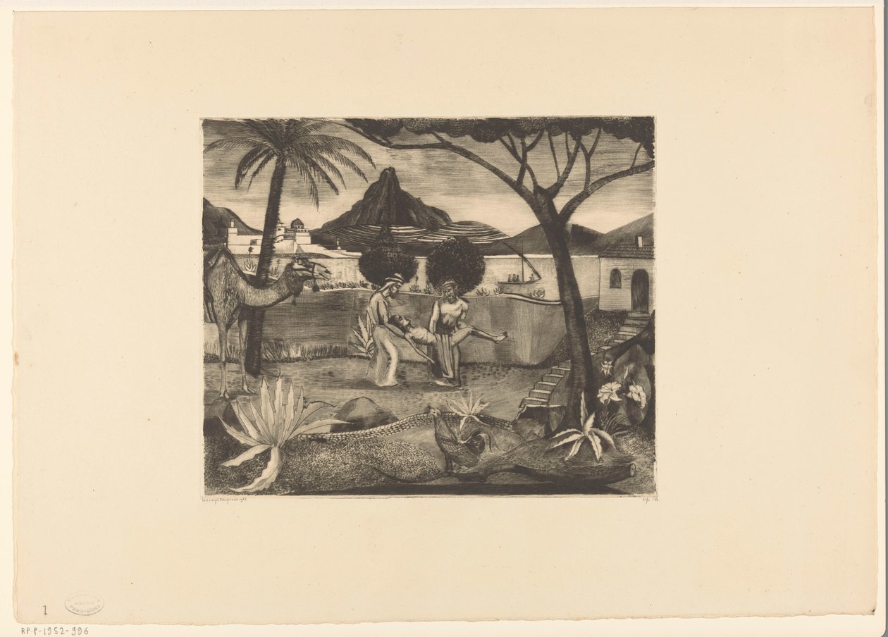 Bir bahçede bir adam taşıyan iki adam by Lodewijk Schelfhout (signed by artist)