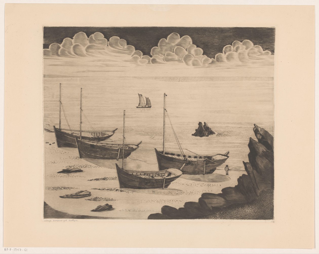 Bir Breton sahilinde demirli dört gemi Après l'orage (orijinal başlık) by Lodewijk Schelfhout (signed by artist)