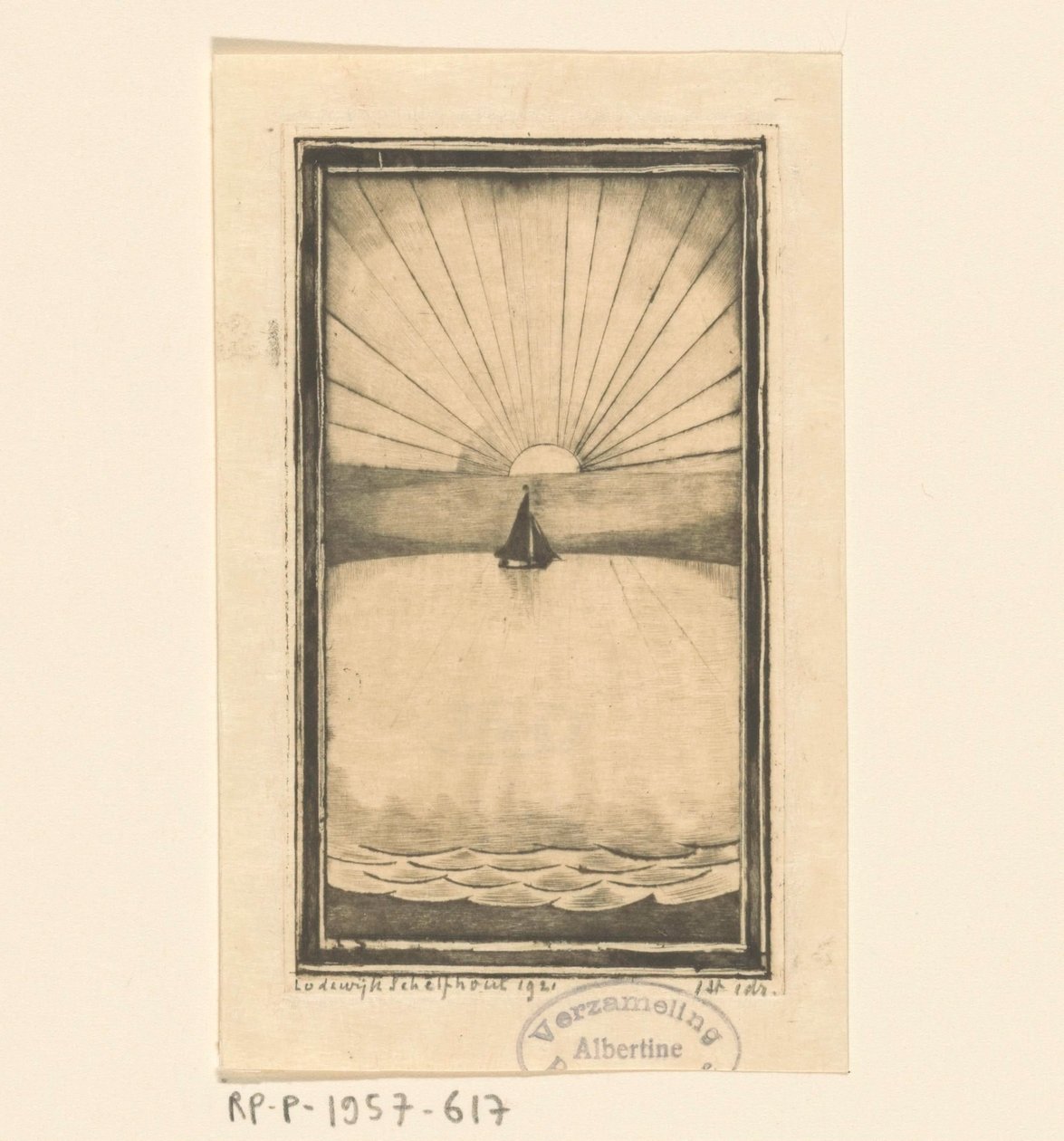 Yükselen veya batan güneşte denizde yelkenli gemi by Lodewijk Schelfhout (signed by artist)
