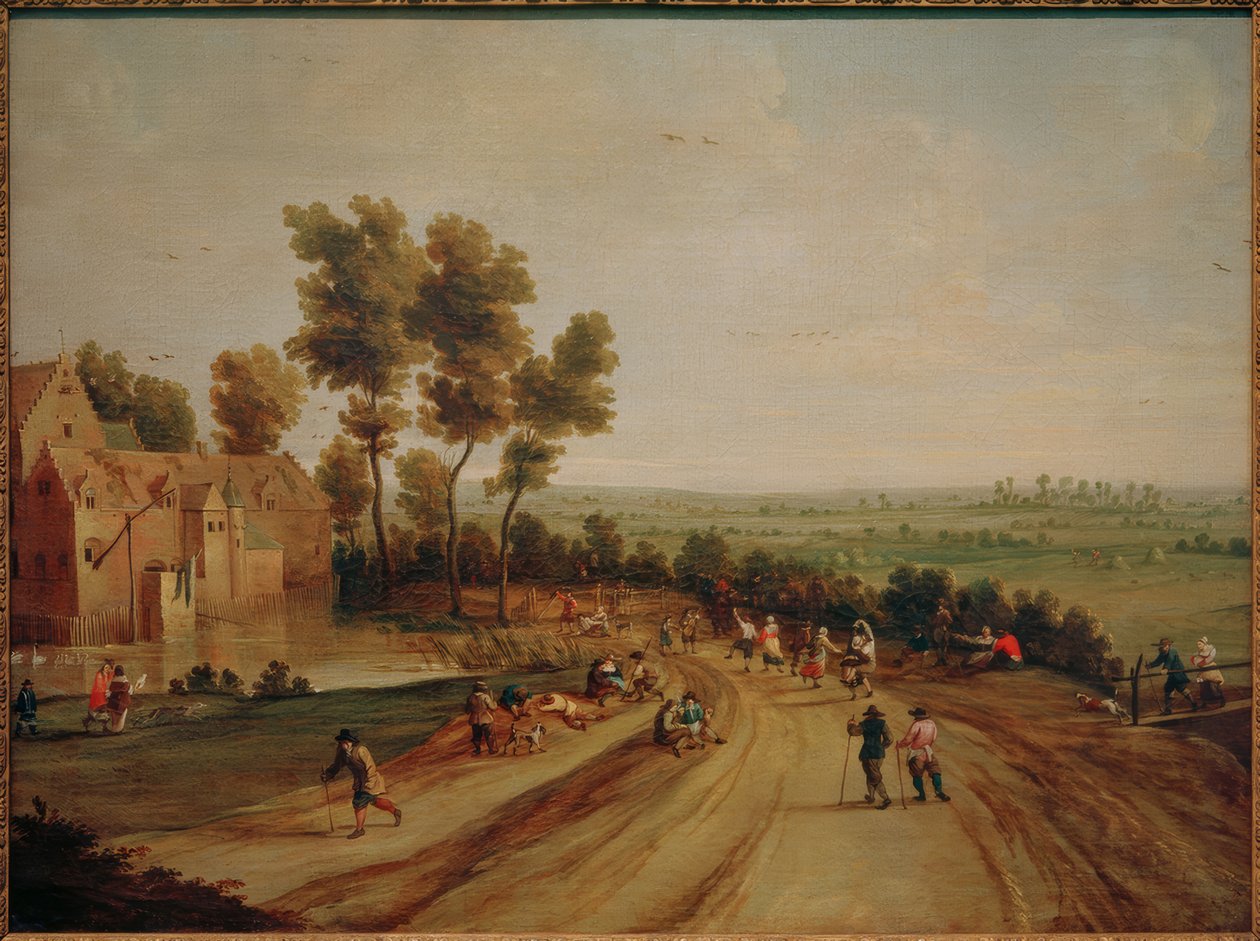 Dans eden ve dinlenen köylülerle dolu manzara by Lodewijk de Vadder