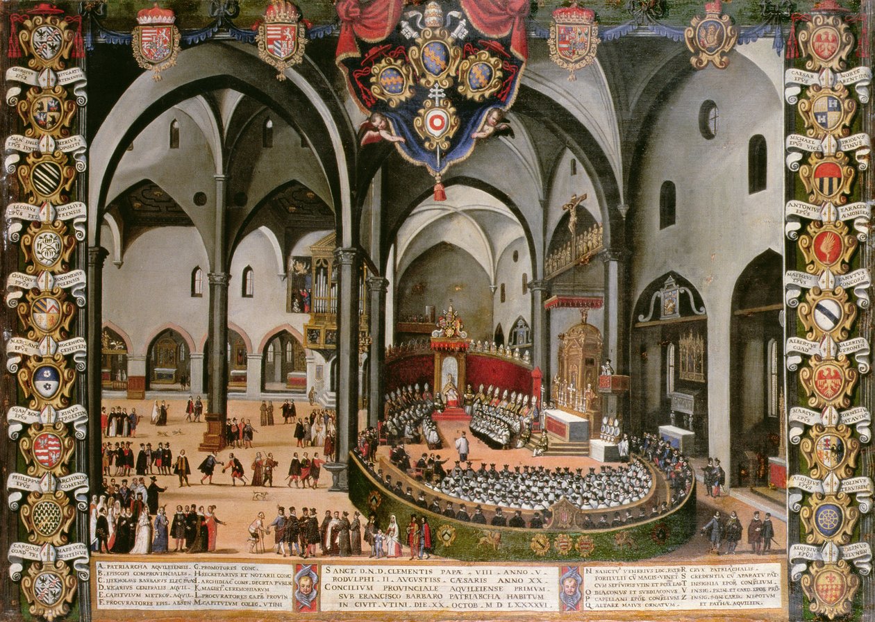 Organ door depicting the Council of Aquileia in 1596 at Udine  by Lodovico Pozzerrato