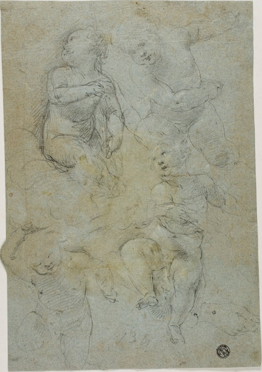 Dört Putti Eskizleri (rekto); Diz çökmüş din adamı (verso) by Lodovico Carracci