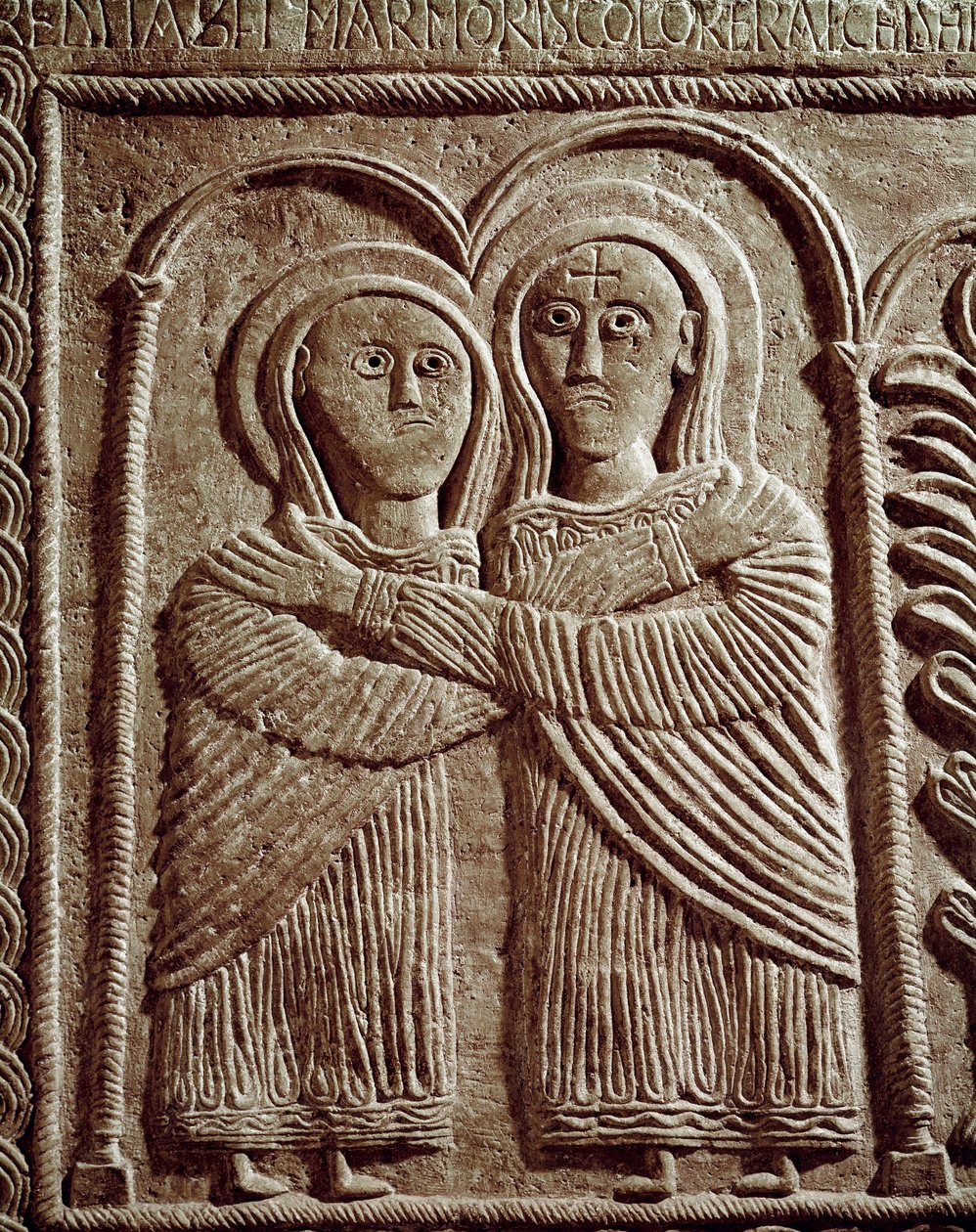 Ortaçağ Arkeolojisi (Orta Çağ). Lombardiya Barbar Sanatı: Ziyaret, Aziz Elizabeth ve Aziz Mary. Heykel, Lombard sanatı, 737-744. Cividale del Friuli, Chretien Müzesi, katedralin hazinesi by Lombard School