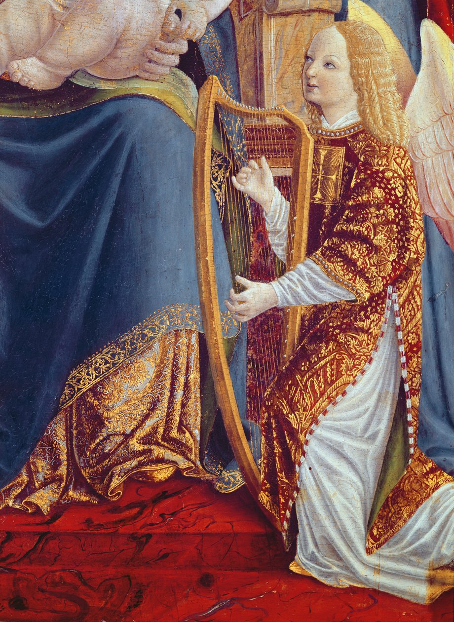 Madonna ve Angel Müzisyenleri ile Çocuk, Angel Müzisyen Arp Çalan detay, c.1490-1500 (panelde mizaç) by Lombard School