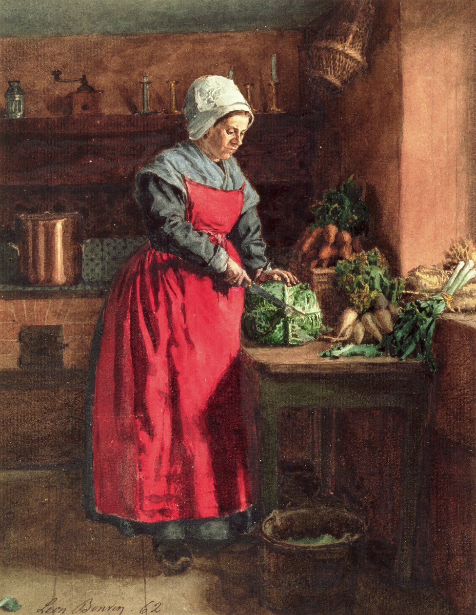 Red Apron ile Cook, 1862 (wc, guaj, kalem ve mürekkep ve kağıt üzerine grafit) by Léon Bonvin