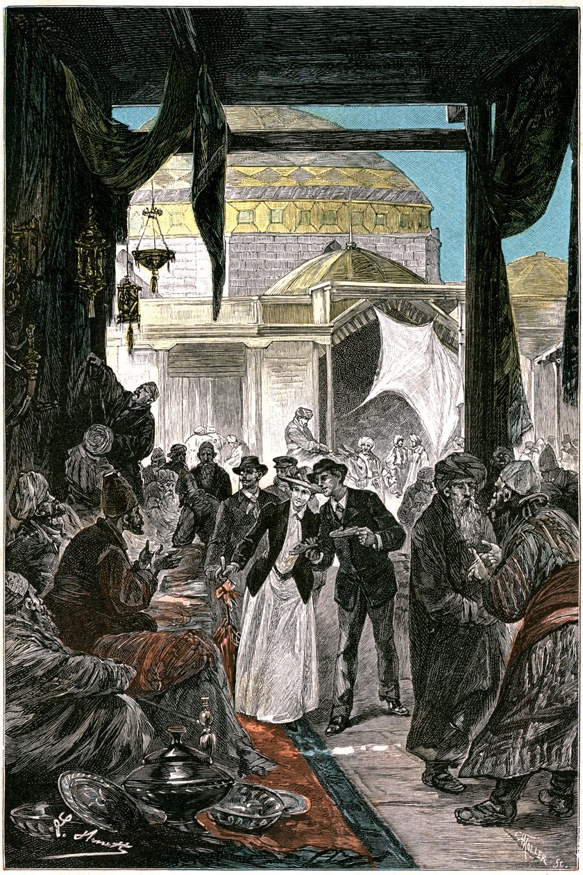 Semerkand çarşısı (şimdiki Semerkant veya Özbekistan#39;da Semerkand), Jules Verne#39;in “Claudius Bombarnac” adlı romanının illüstrasyonu Hetzel 1892 - Çizim: Leon Benett (Hippolyte Leon Benet) by Léon Benett
