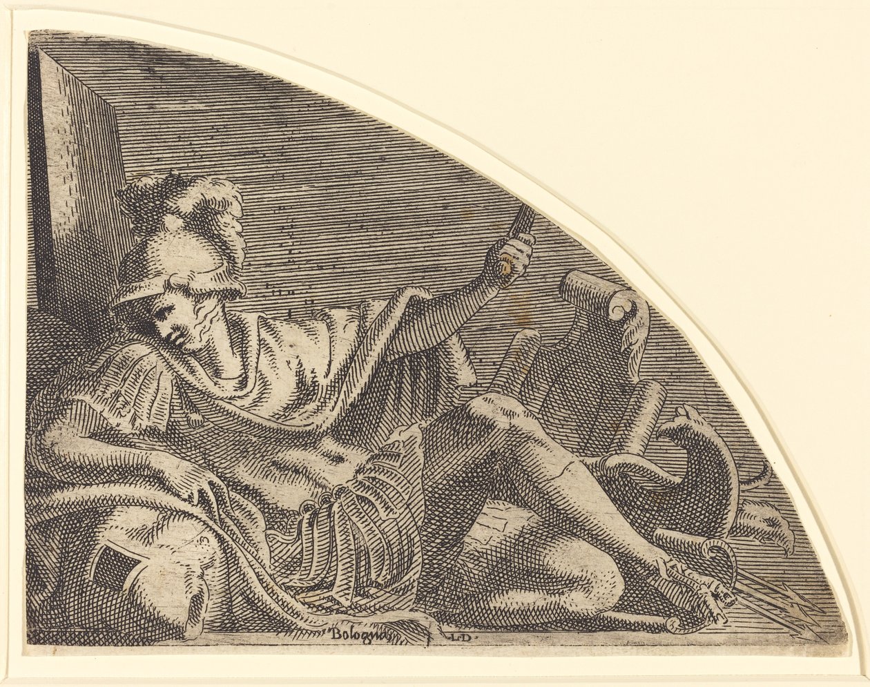 Kupalar Üzerinde Oturan Mars by Léon Davent after Francesco Primaticcio