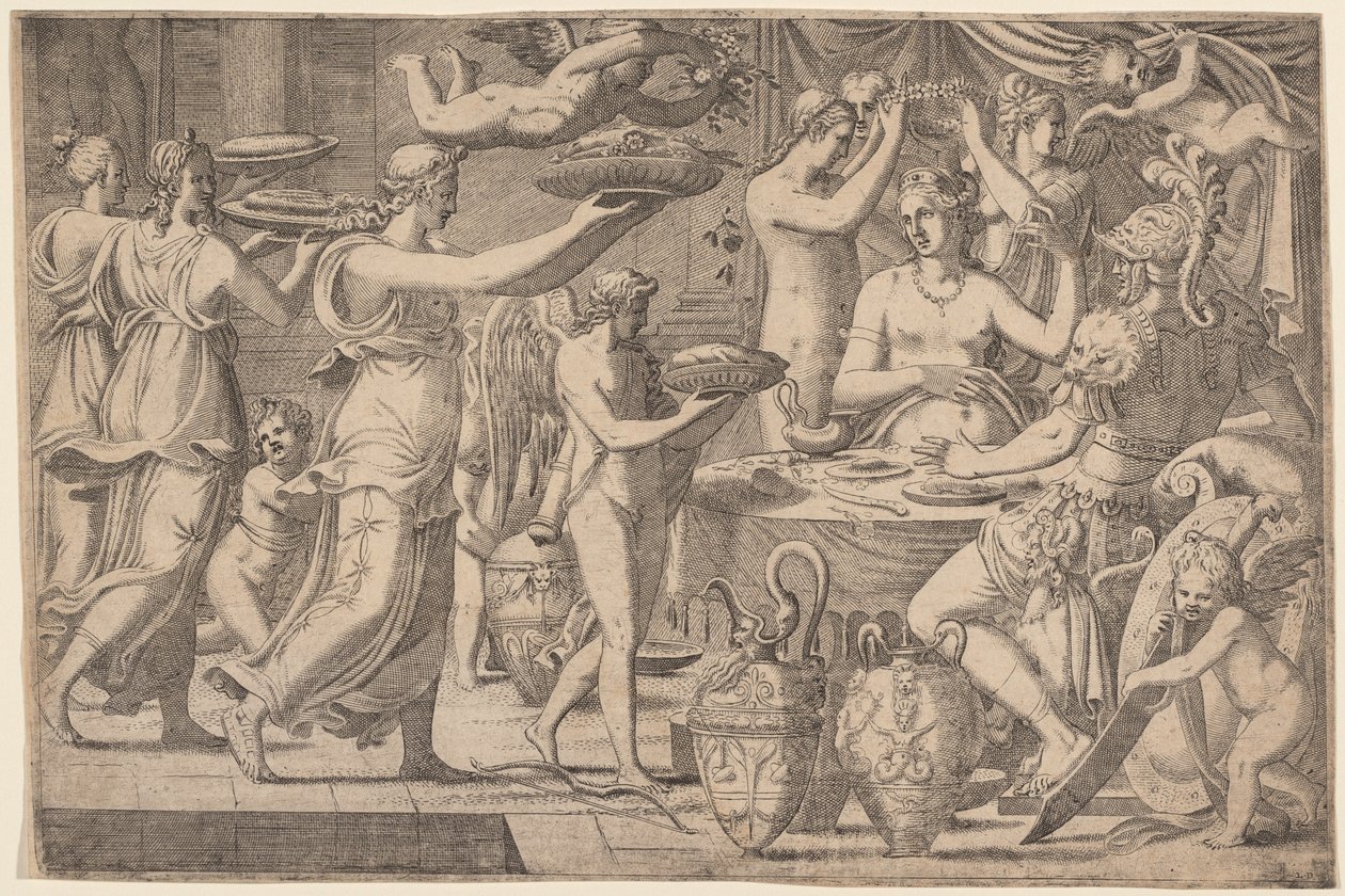 Cupid ve Three Graces tarafından sunulan Venüs ve Mars by Léon Davent, after Luca Penni